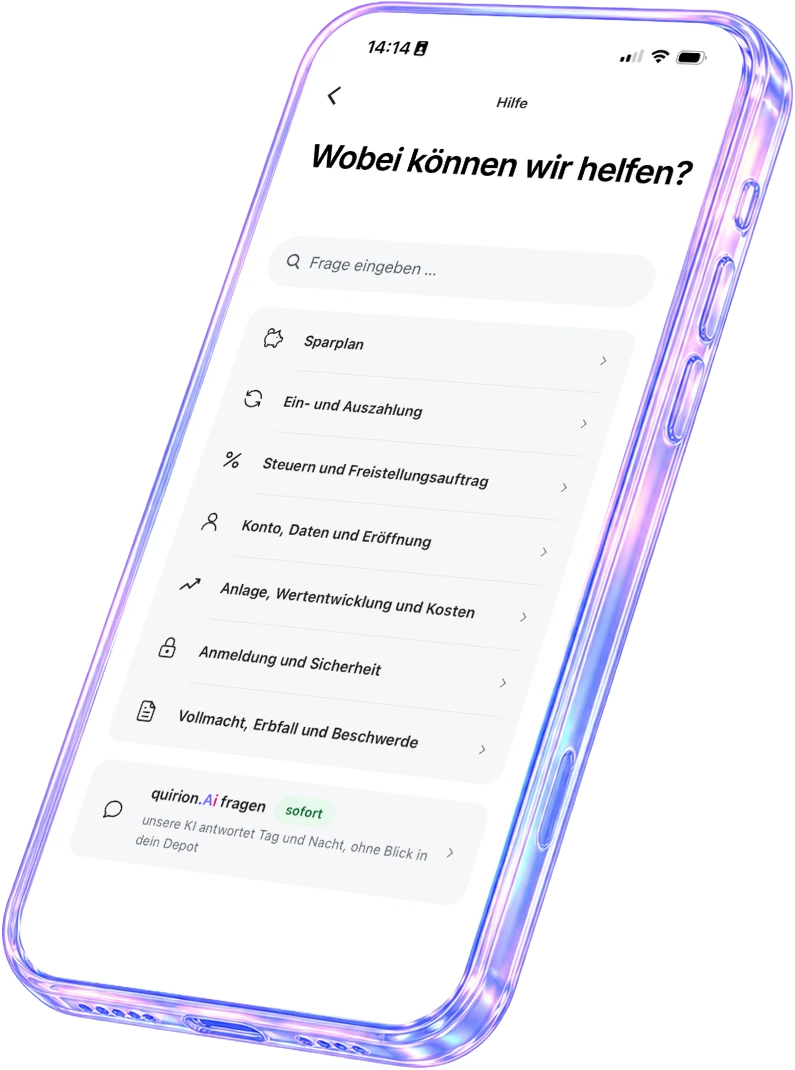 Die quirion-App zeigt den Hilfebereich mit den häufigsten Themen
