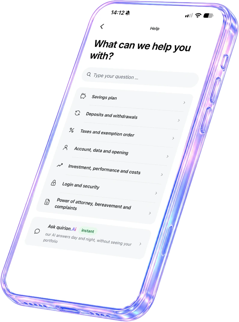 The quirion app showing the help section with the most frequent topics